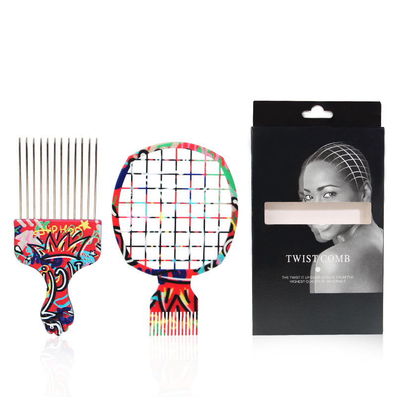 Afro Pick Comb - 2個入りプロフェッショナルサロンアフロコーム＆スチールピックセット、男性用テクスチャードカーリーヘアポマドゥールエッジアップスタイリングツール、理髪店用