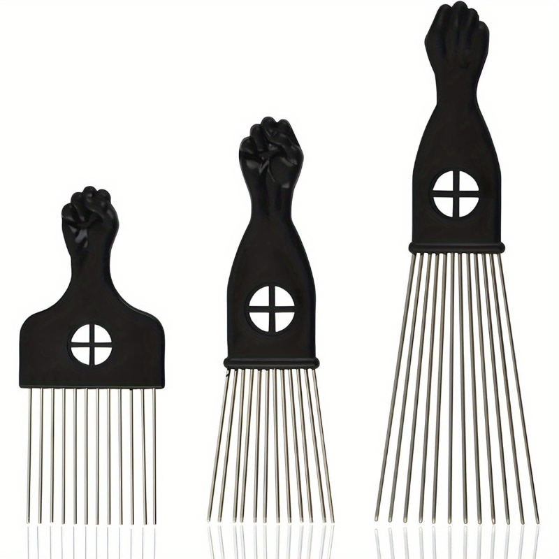 Afro Pick Comb - 1ピースステンレス鋼アフロヘアピックセット、男性と女性のための拳デザイン、ナチュラルカーリーアフロヘアヘアスタイリングツール