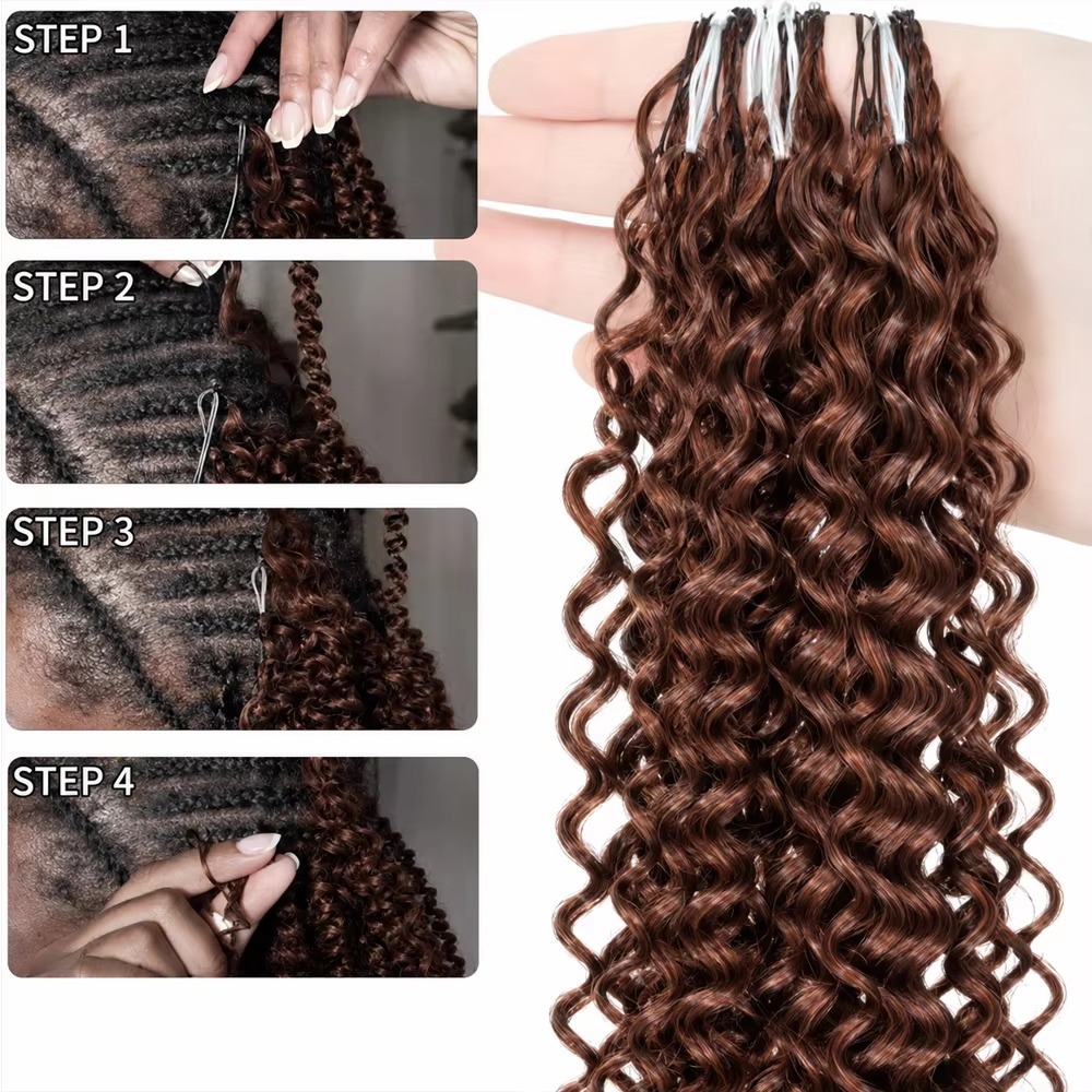 Crochet Braiding Hair - スマイルガール ディープウェーブ クロシェ人毛エクステ # 4つのチョコレートブラウンのプレセパレーテッドバルクエクステンション、ノットレスカーリー、本物の髪、ブレイズ用