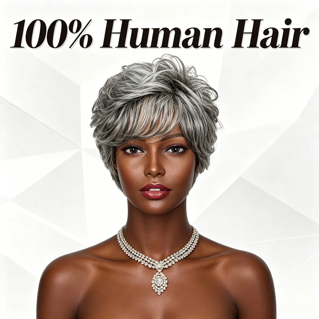ショートカーリーグレーオンブレ人毛ウィッグ前髪付きソフトママ - Hair Care Women のレビューと価格