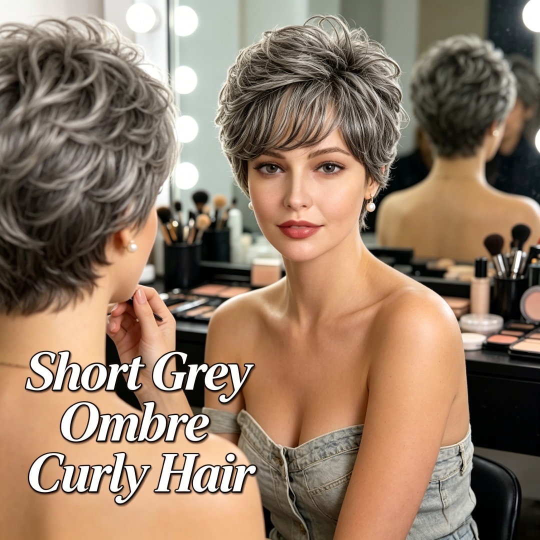 ショートカーリーグレーオンブレ人毛ウィッグ前髪付きソフトママ - Hair Care Women のレビューと価格