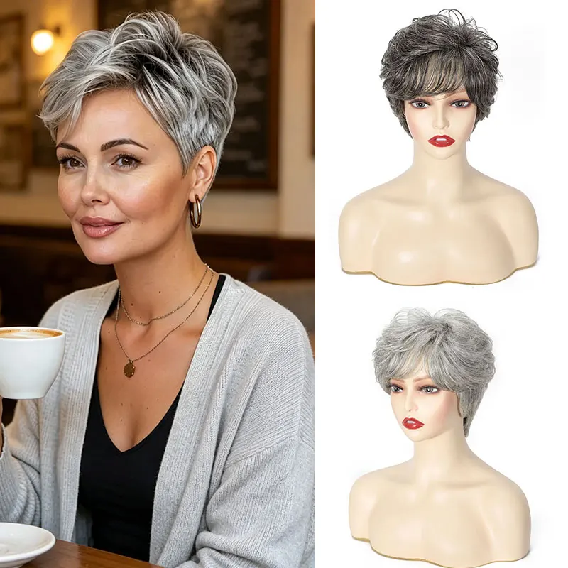 ショートカーリーグレーオンブレ人毛ウィッグ前髪付きソフトママ - Hair Care Women のレビューと価格